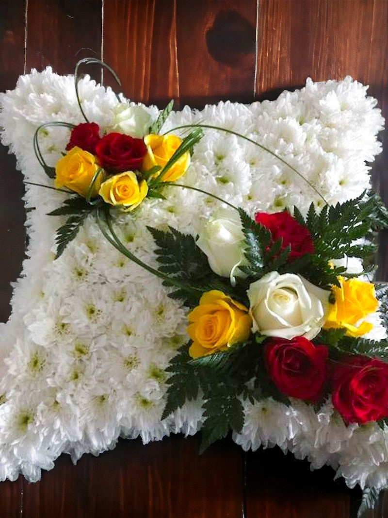 White Funeral Pillow with Multi Roses